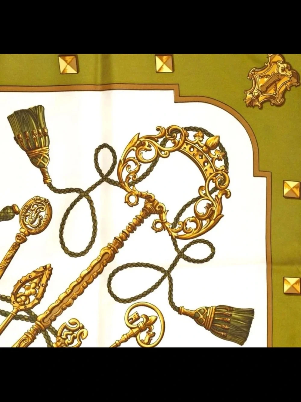 Hermes Olive Green White Gold Key Motif Silk Scarf